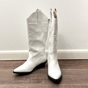 White Knee High Embroidered Cowboy Boots